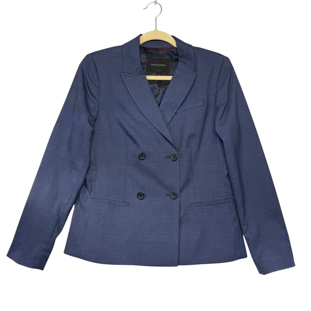 Banana Republic Women Blue Plaid Double Breasted Blazer Jacket Sz 2 Professional